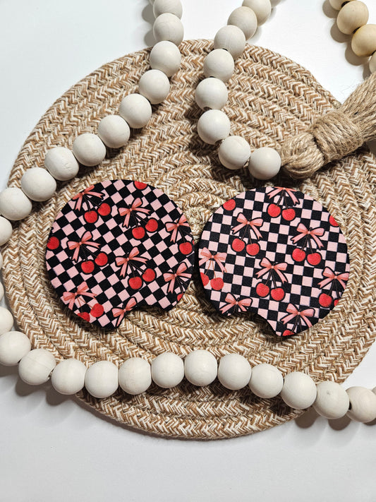 Checkered Cherry Car Coaster set of 2
